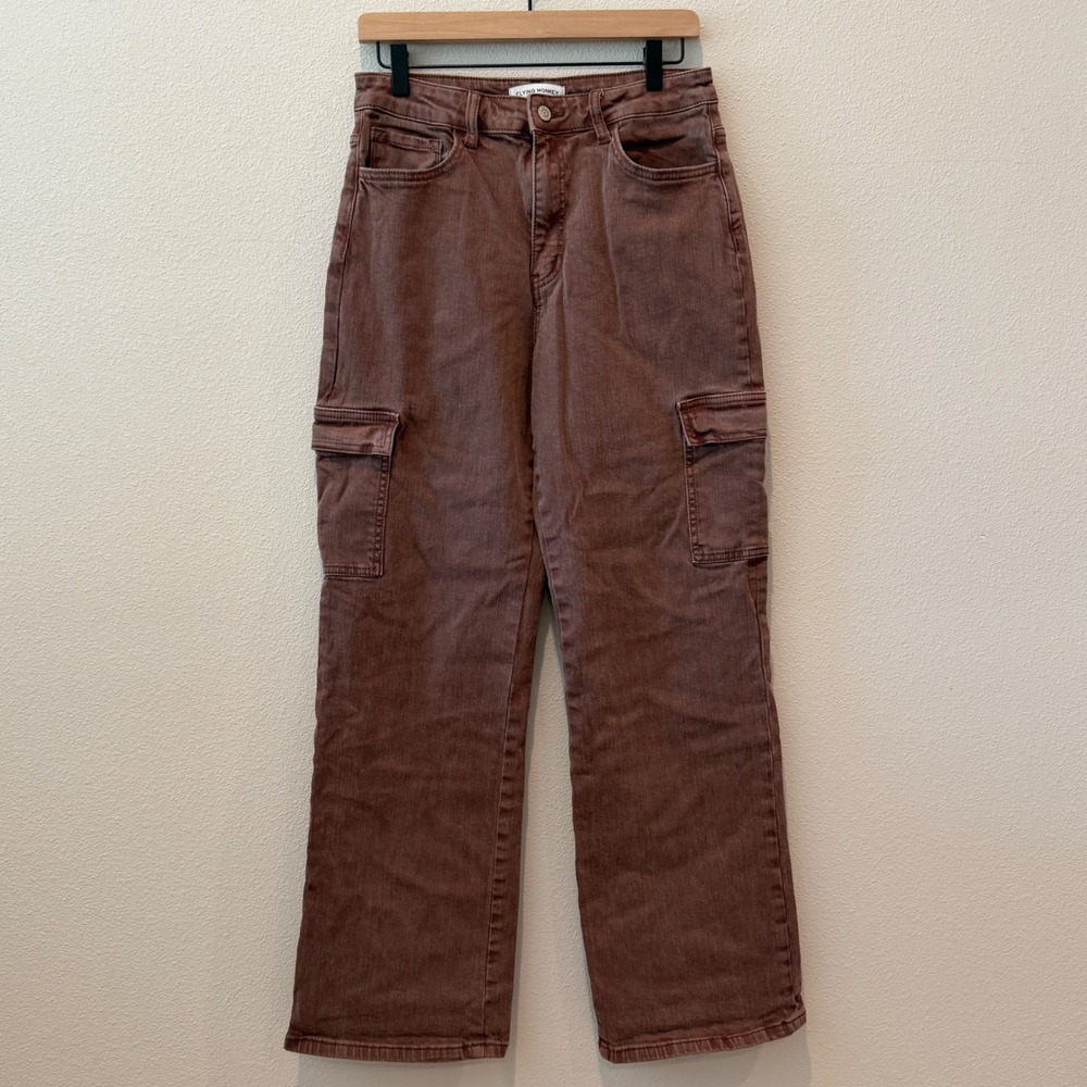 FLYING‎ MONKEY Women Cargo Pants 29 Brown High Rise Straight Leg Utility Denim